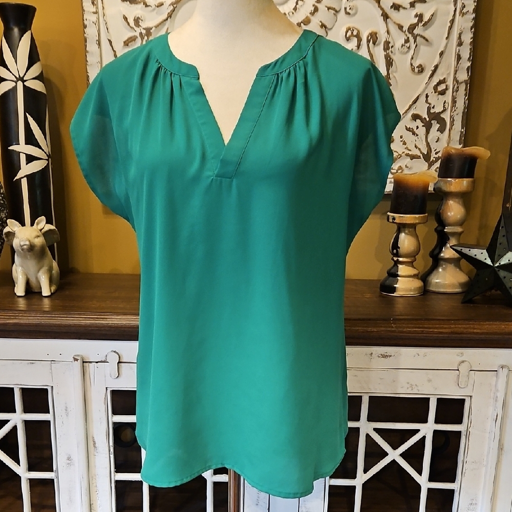 Roz & Ali Green Cap Sleeve Blouse with Mandarin Collar